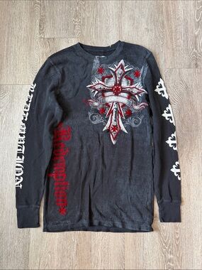 Y2K Men's Black Long-Sleeve Graphic Shirt with Red Cross Design redemption